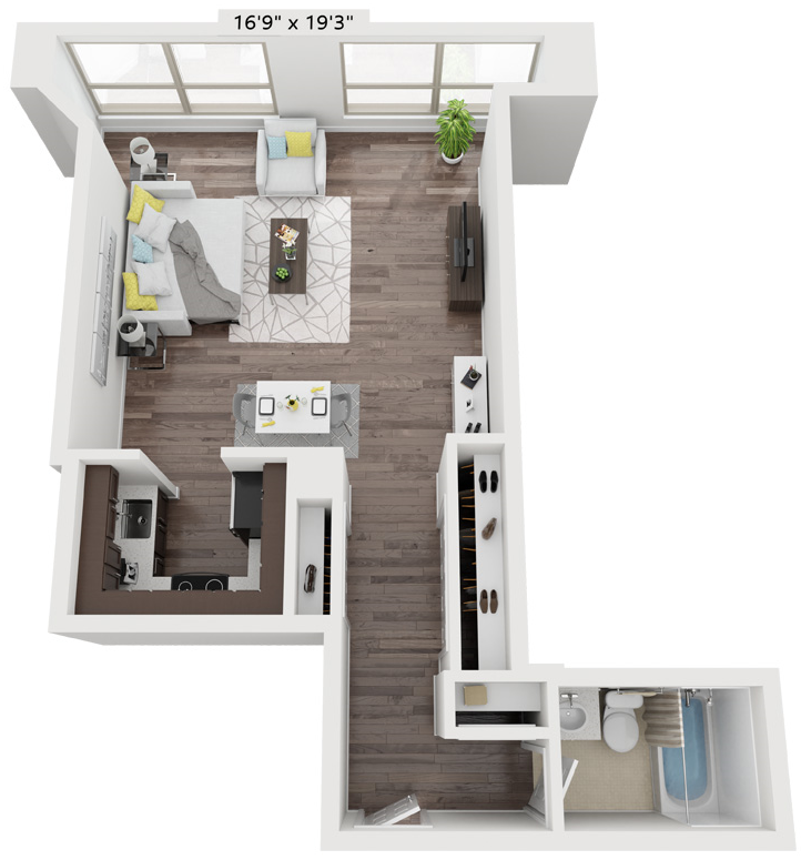 Floor plan for studio, 1 bath, 570 sqft
